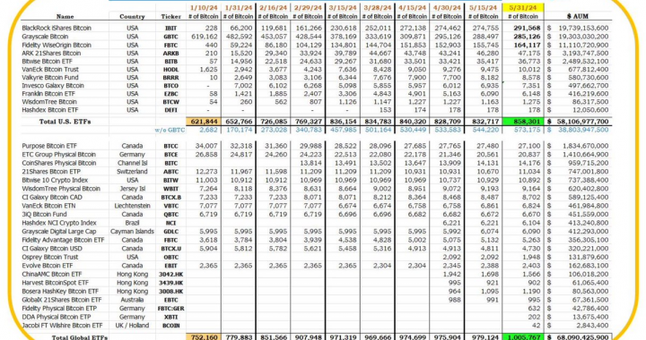 截至5月31日，全球比特币ETF持仓突破100万枚比特币，价值超680亿美元